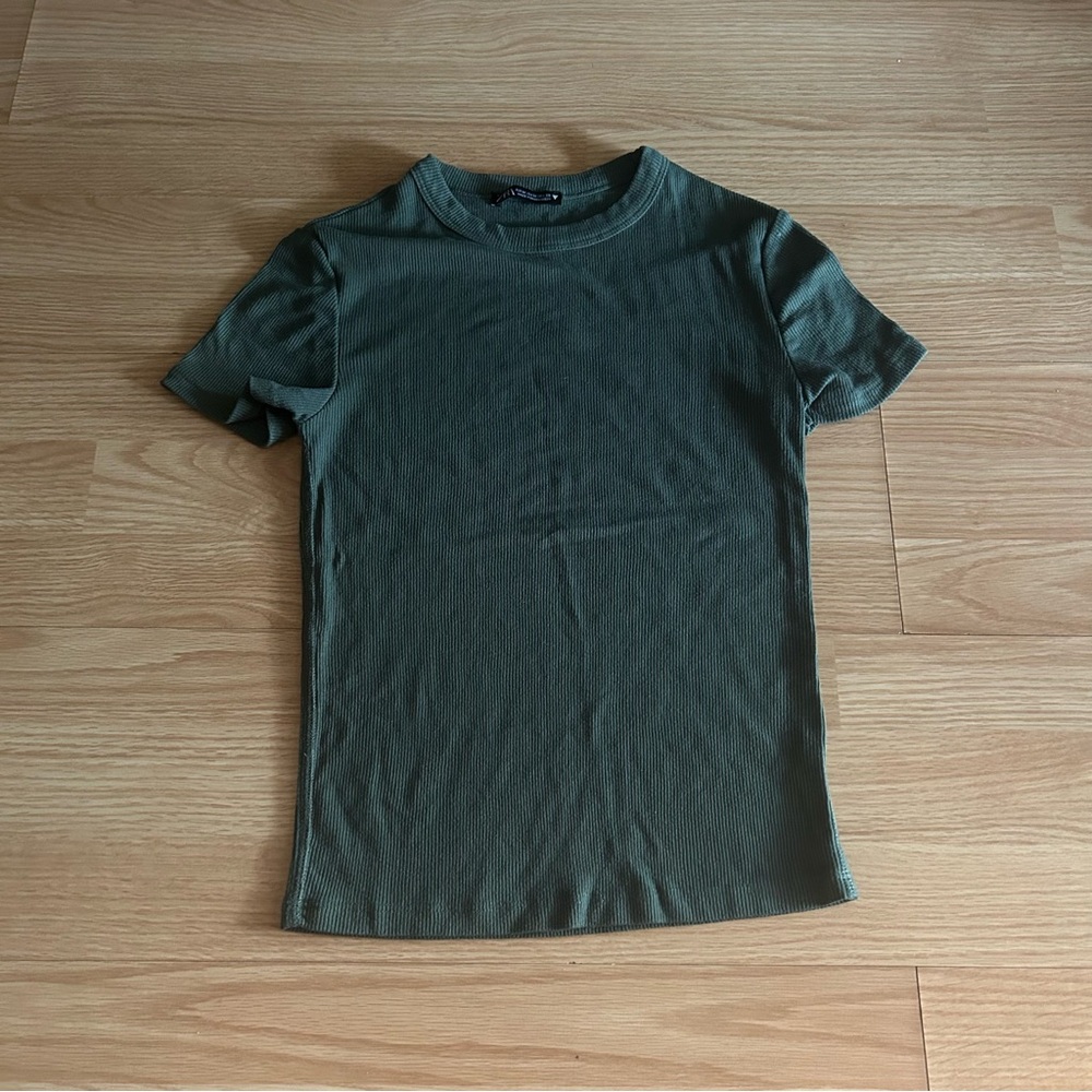 Zara Olive Green Ribbed Short Sleeve Top Medium